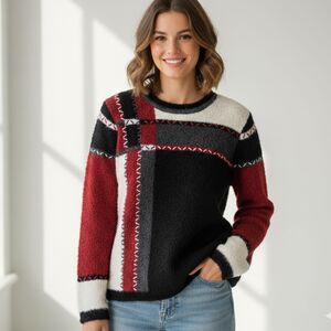 Vintage Patchwork Sweater Hand-Embroidered Mohair Indie Artsy Red Black Women 1X